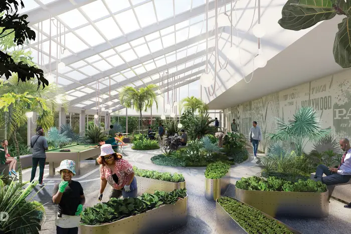 Rendering of the interior garden planned for the former JFK Hilton, near the airport in Queens. It's being converted into housing.